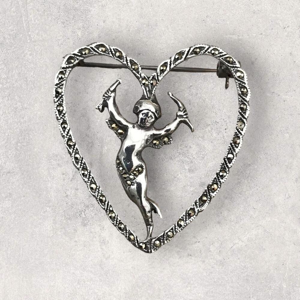Victorian Sterling Silver Cupid Valentine Pin Heart Brooch Hematite Black